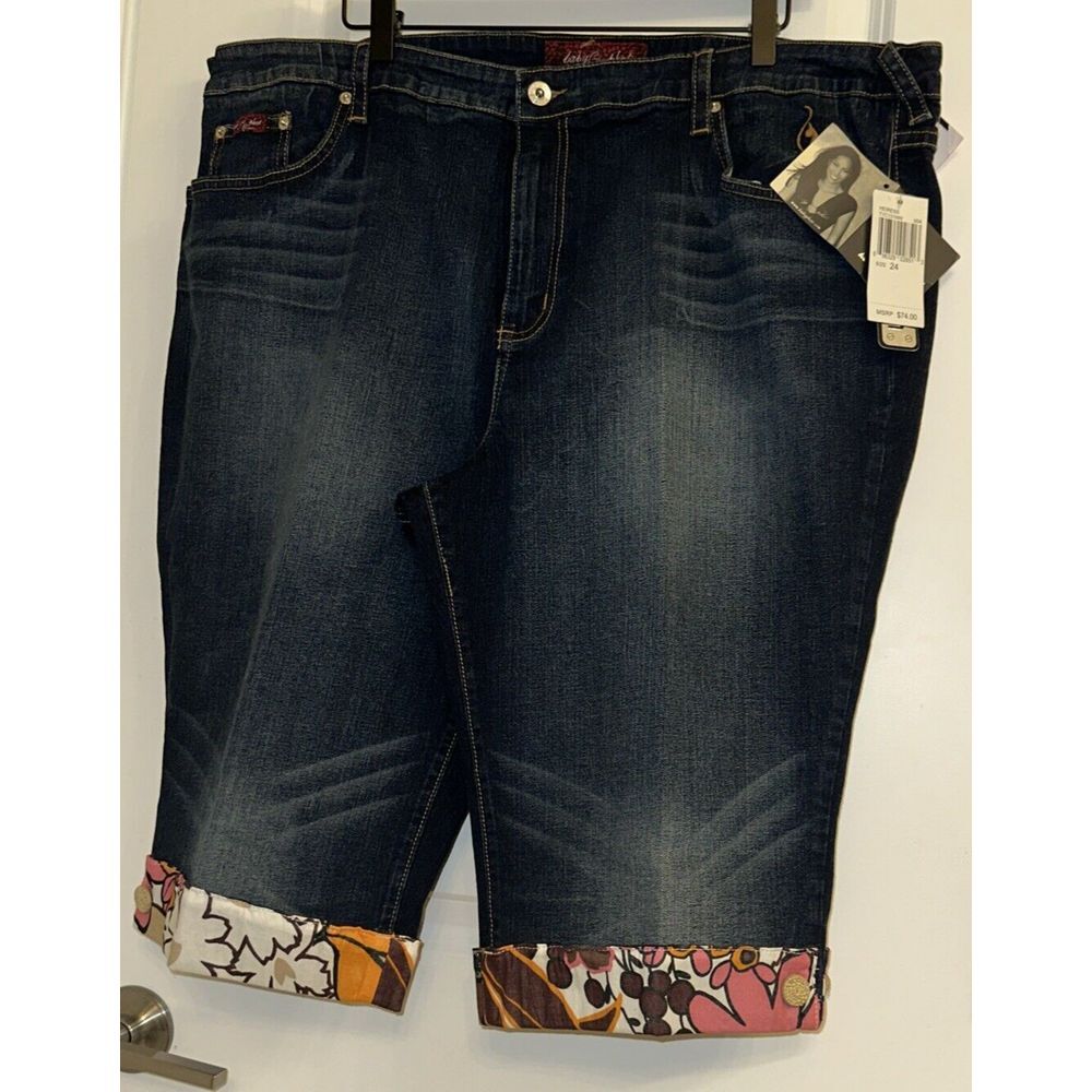 Y2K Baby Phat Dark Blue Denim Cuffed Bermuda Shorts with Floral Trim